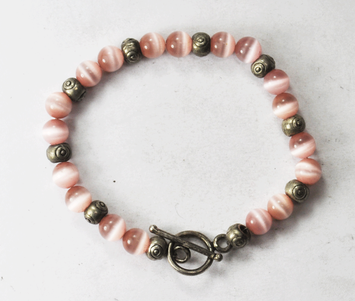 Silver Plate Pink Synthetic Sapphire Bead Toggle Bracelet 11mm 6.5"