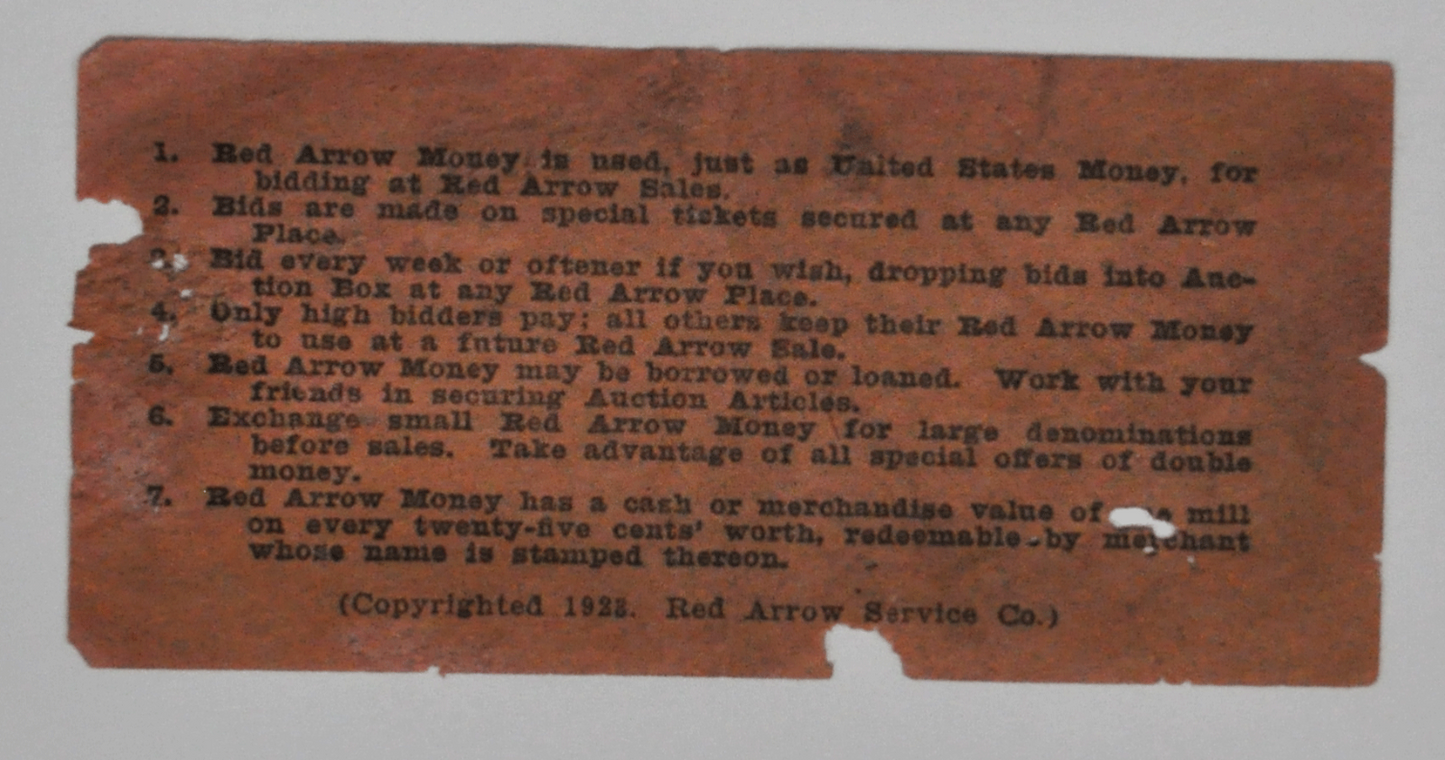 Red Arrow Money 50c Harvey Mercantile Co Auction Copyright 1928 11x5.3cm