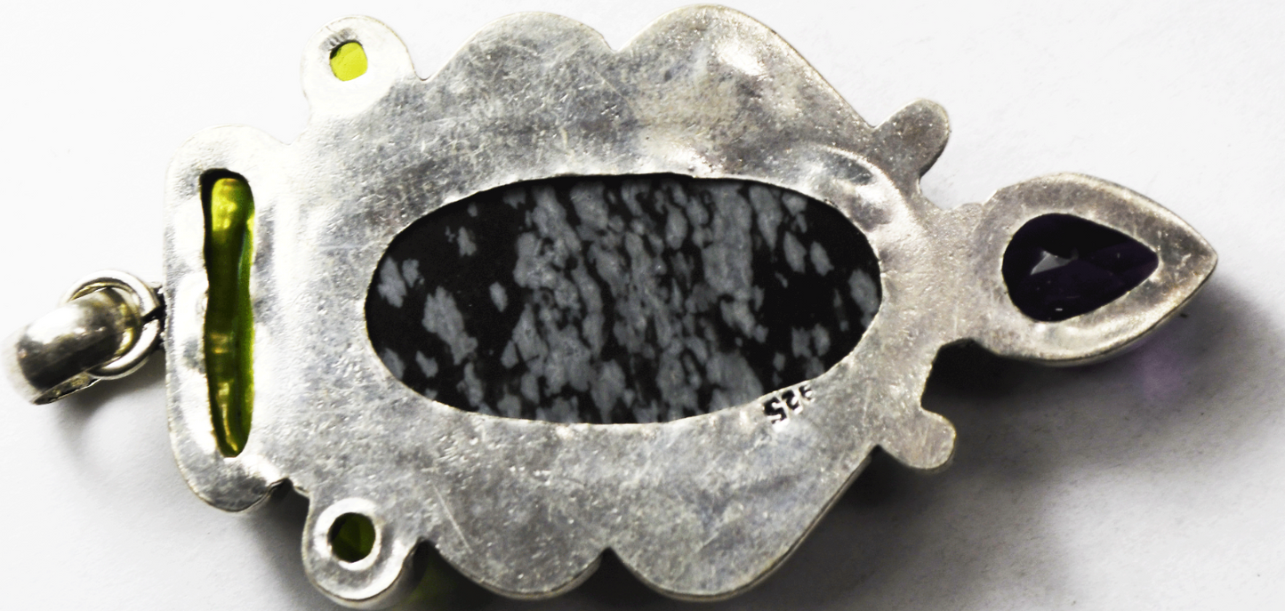 Sterling Silver Grey & Black Jasper MOP Peridot Amethyst Pendant 35mm x 75mm