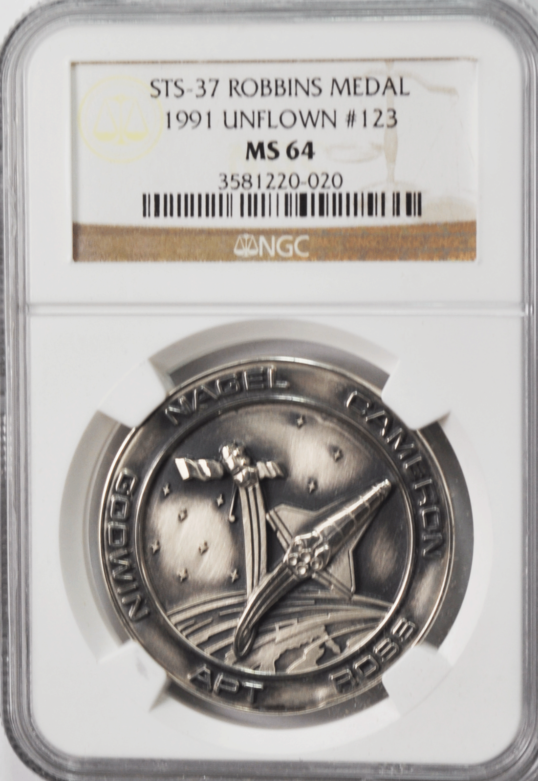 1991 STS-37 Robbins Silver Space Medal Unflown #123 NGC MS64 Atlantis CGRO