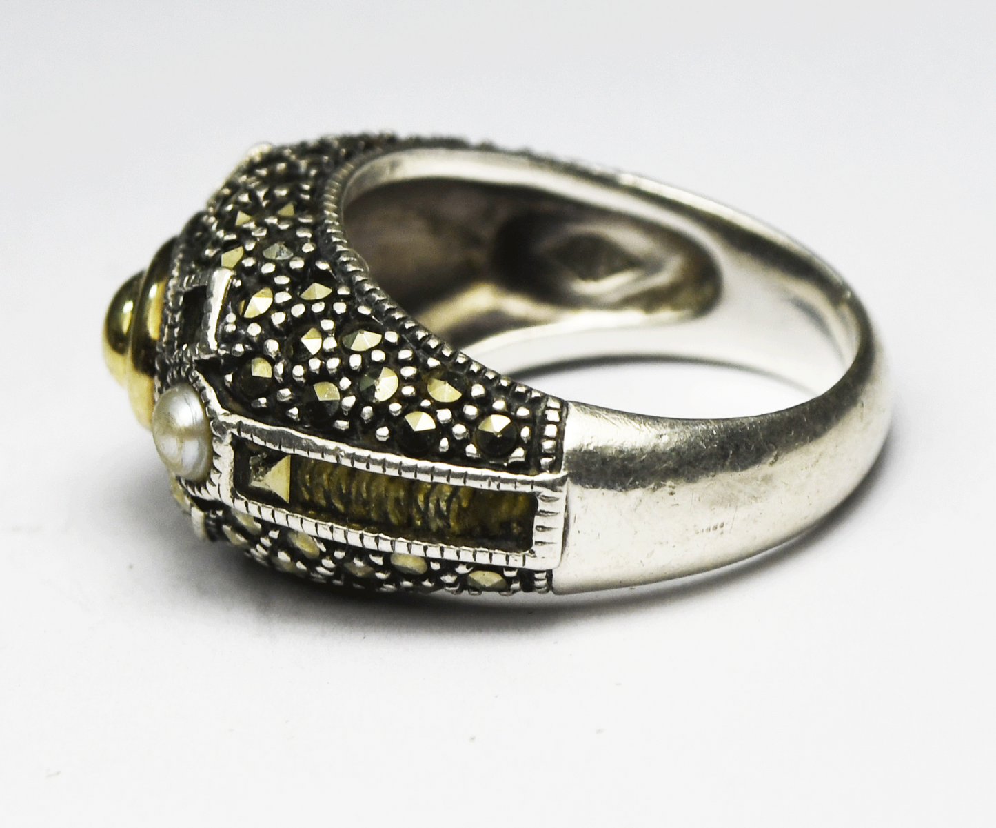 Sterling Silver Judith Jack Marcasite Two Tone Pearl 12mm Ring Size 8