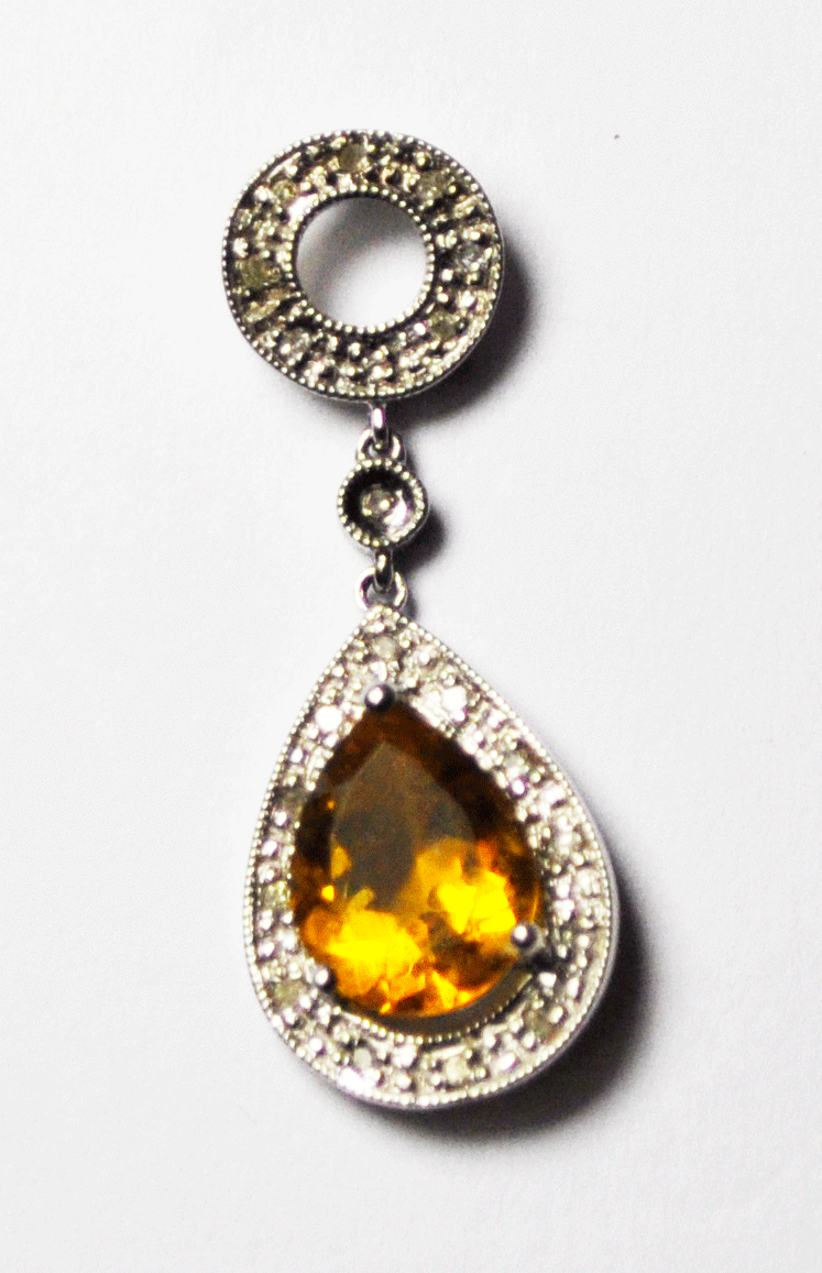 Beautiful Pear Citrine & Diamond Tear Drop Pendant 30mm Dangle Slide 14kwg