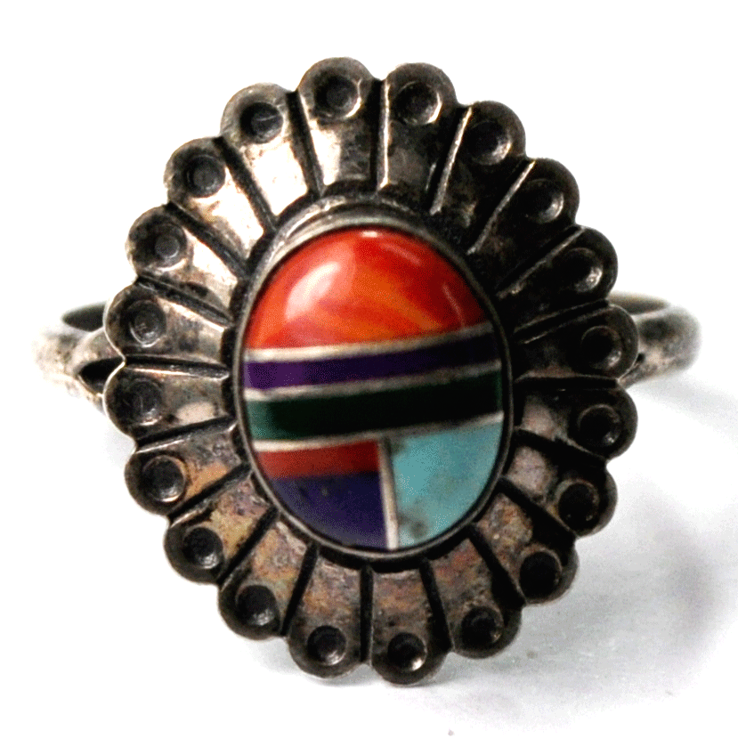 Sterling Silver Southwestern Inlay 18mm Size 5 Turquoise Coral Ring