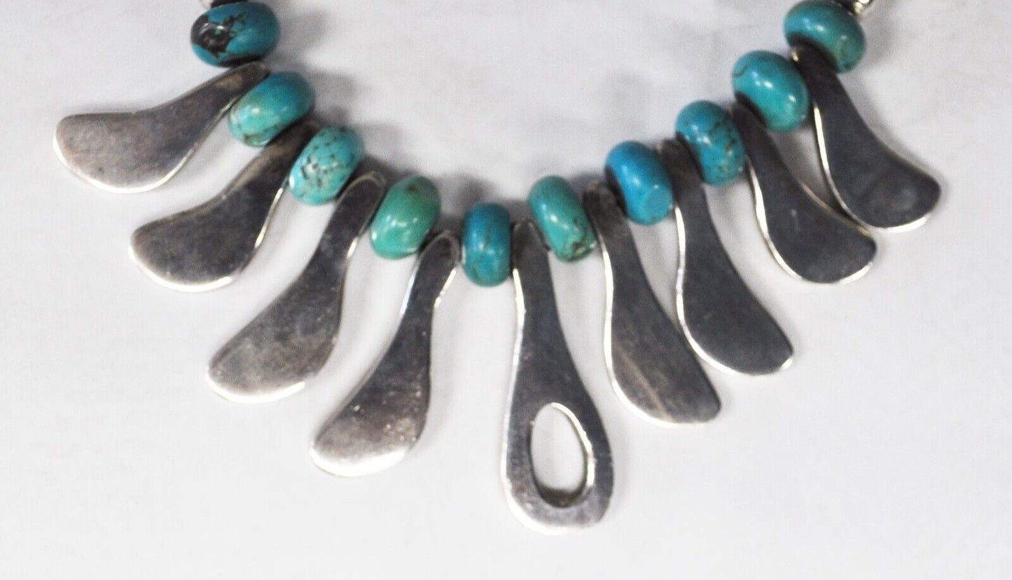 Sterling Round Beaded Piano Key 45mm Paddle Turquoise Necklace 16.5" 125g