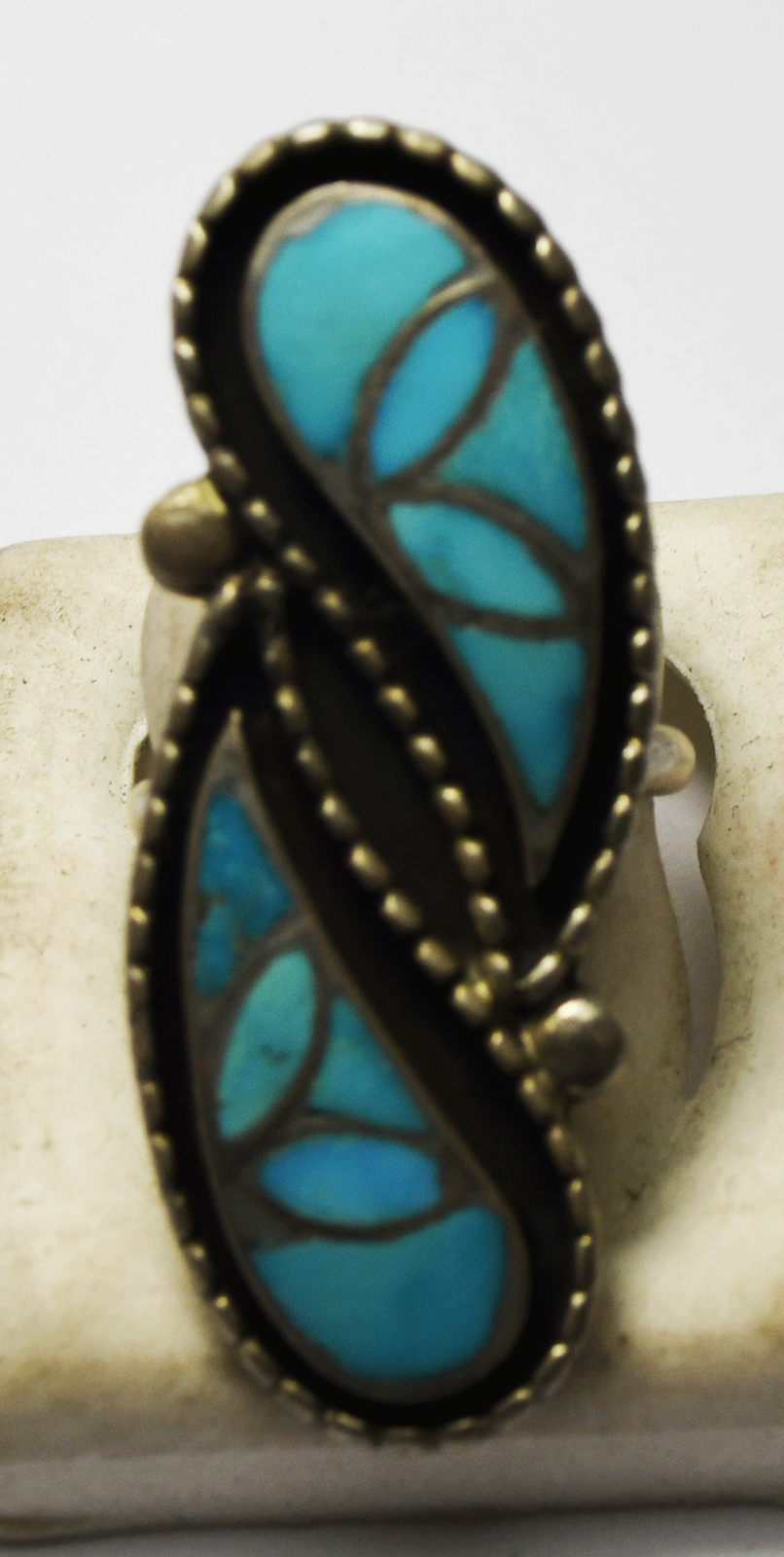 Sterling Willis Susie Leekity Turquoise Inlay Elongated Ring 43mm Size 6