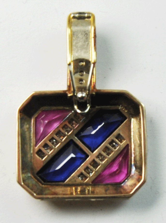 Antique Gold Diamond Pendant Pink Blue LC Stones Square Brick Pattern
