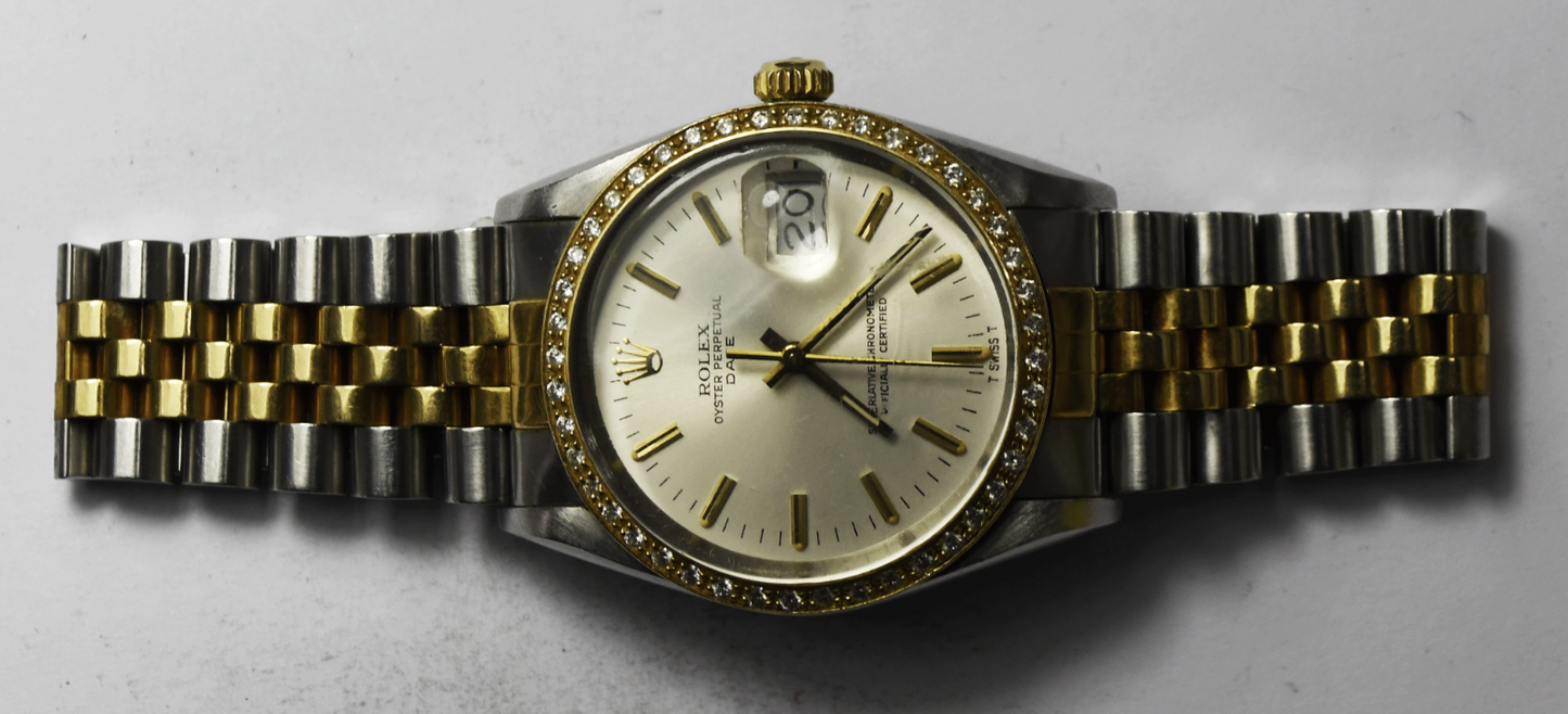1986 Men's Rolex Datejust 15053 Silver Stick Dial 34mm Diamond Bezel 18k