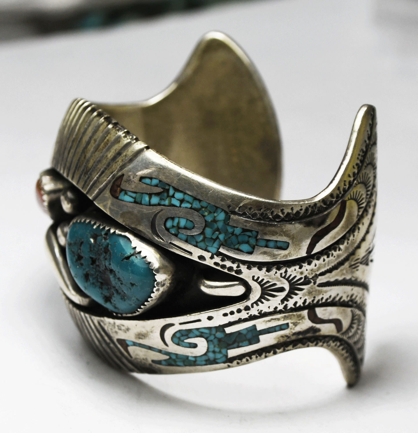 Sterling Tomas Singer Turquoise Coral Shadow Box Inlay Bracelet 51mm