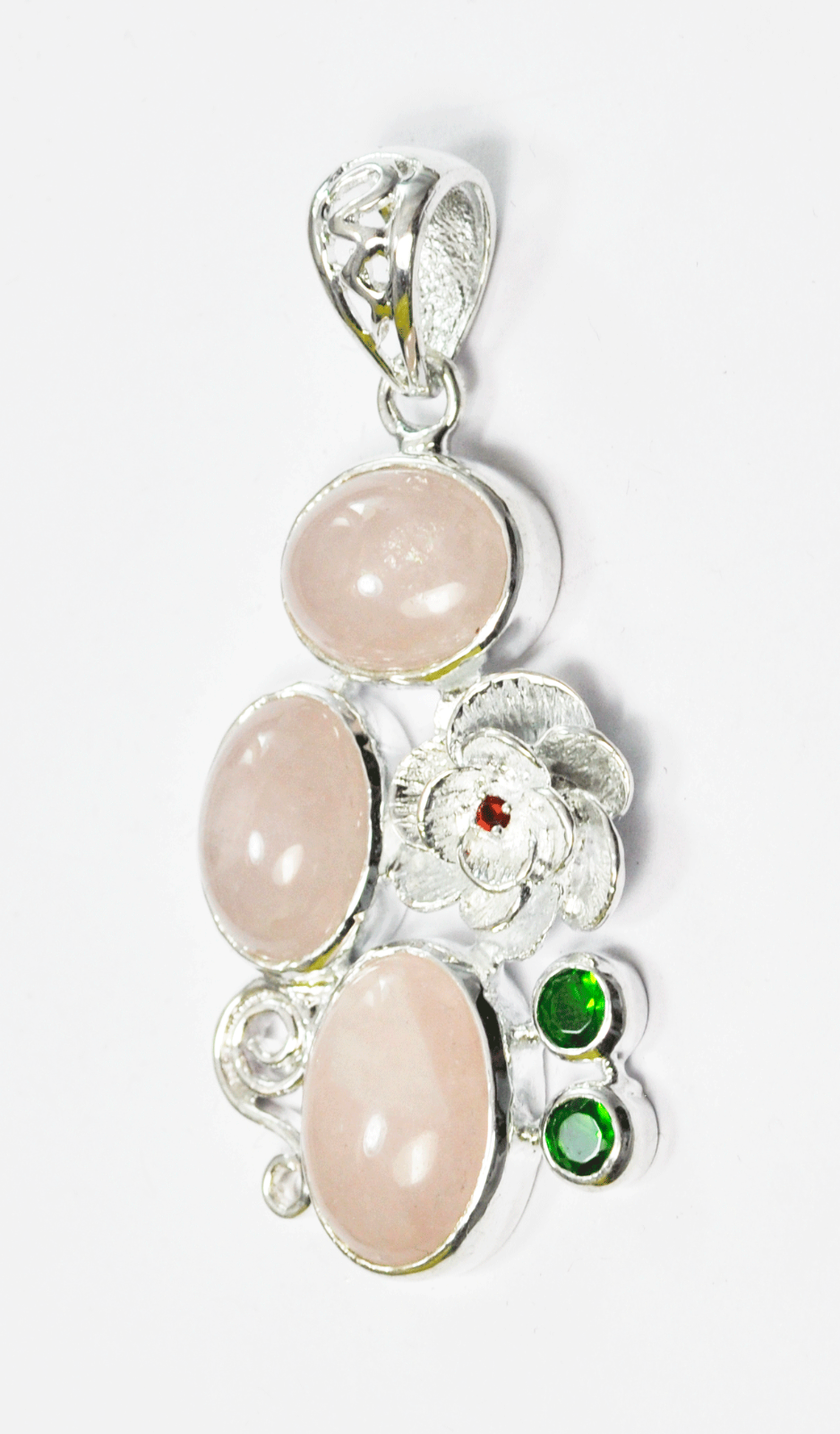 Sterling Silver Pink Quartz Red Rose Green Quartz Swirl Cluster Pendant 2.5"