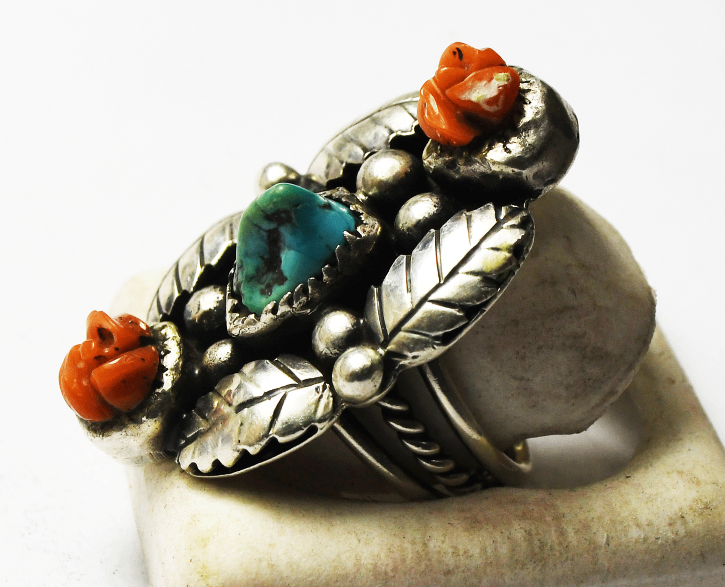 Sterling Silver Coral  Carved Roses Turquoise Floral  Ring 37mm Size 6