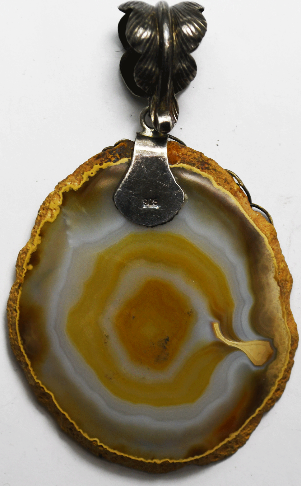 Sterling Silver Large Floral Bale Orange Agate Slice Pendant 3-3/4" x 60mm