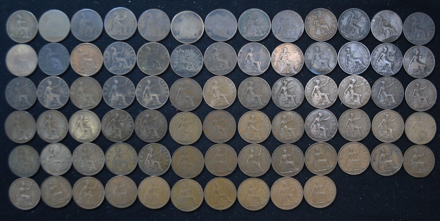 Set of 75 Great Britain Penny Large Cent Bronze Coins 1860-1967 No Duplicates