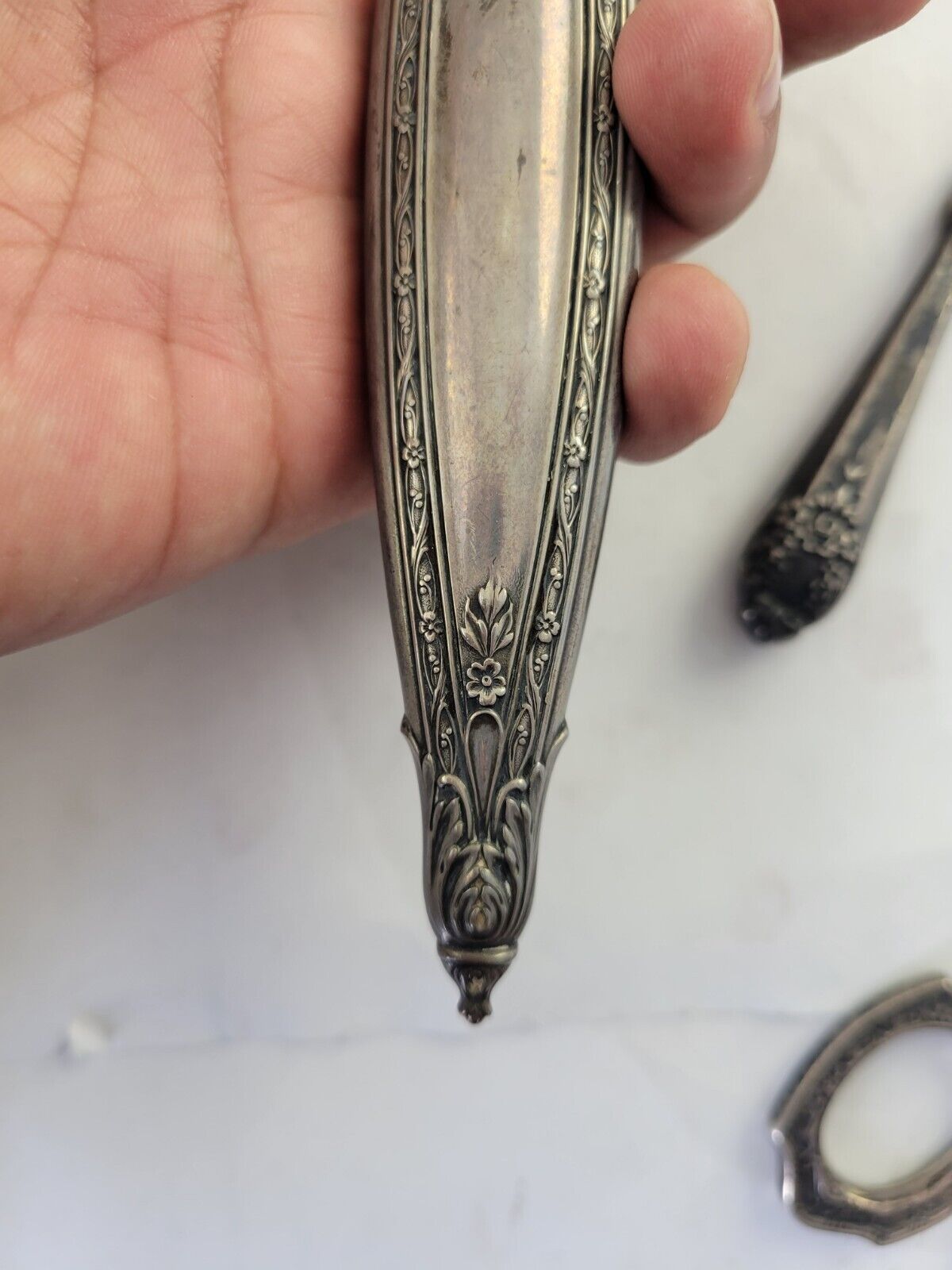 Victorian Sterling Repousse 5 Piece Vanity Set Mirror scissors Nail Buffer