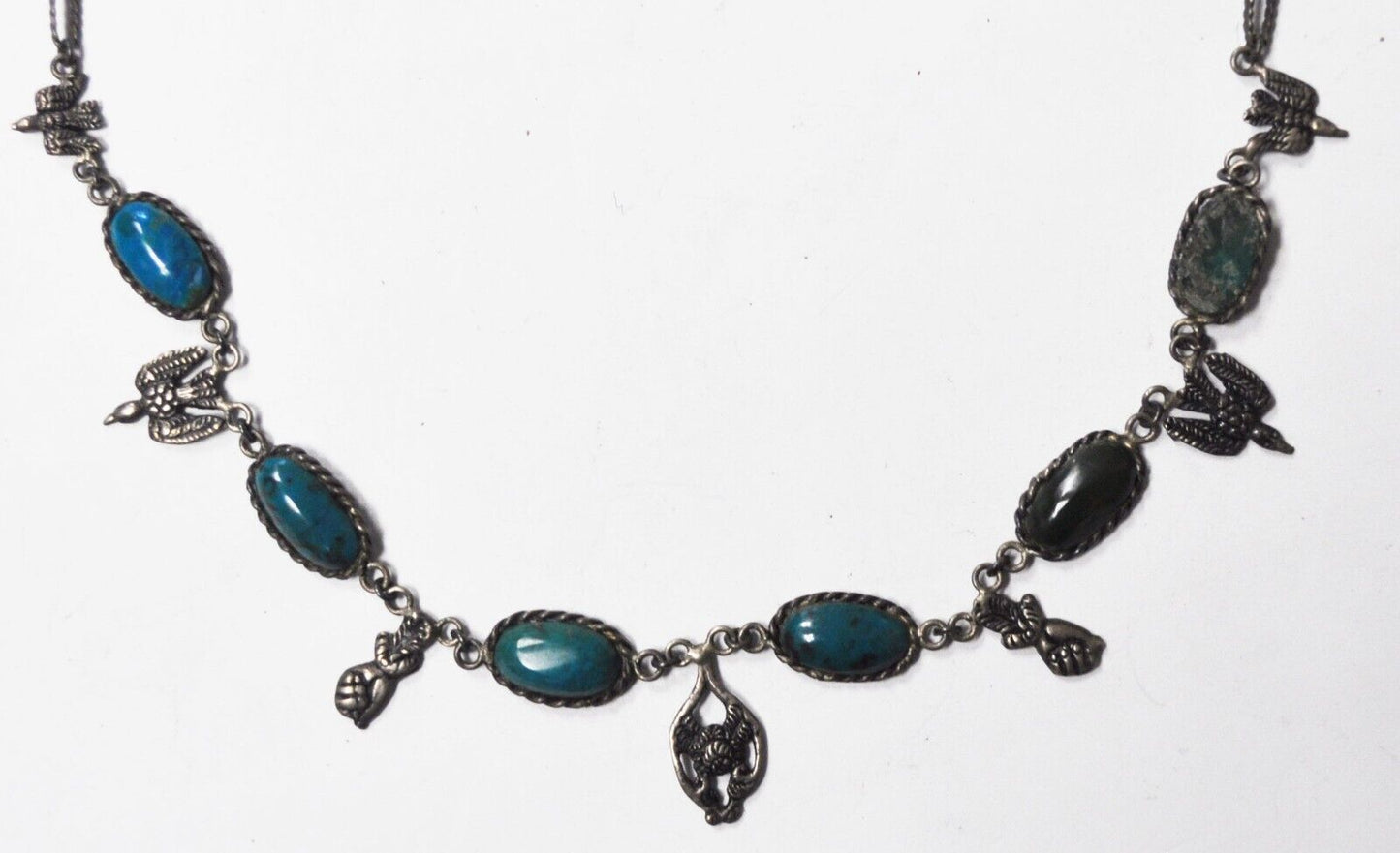 Sterling Silver Oval Turquoise Mono Figa Thunderbird Charm Necklace 20mm 18"