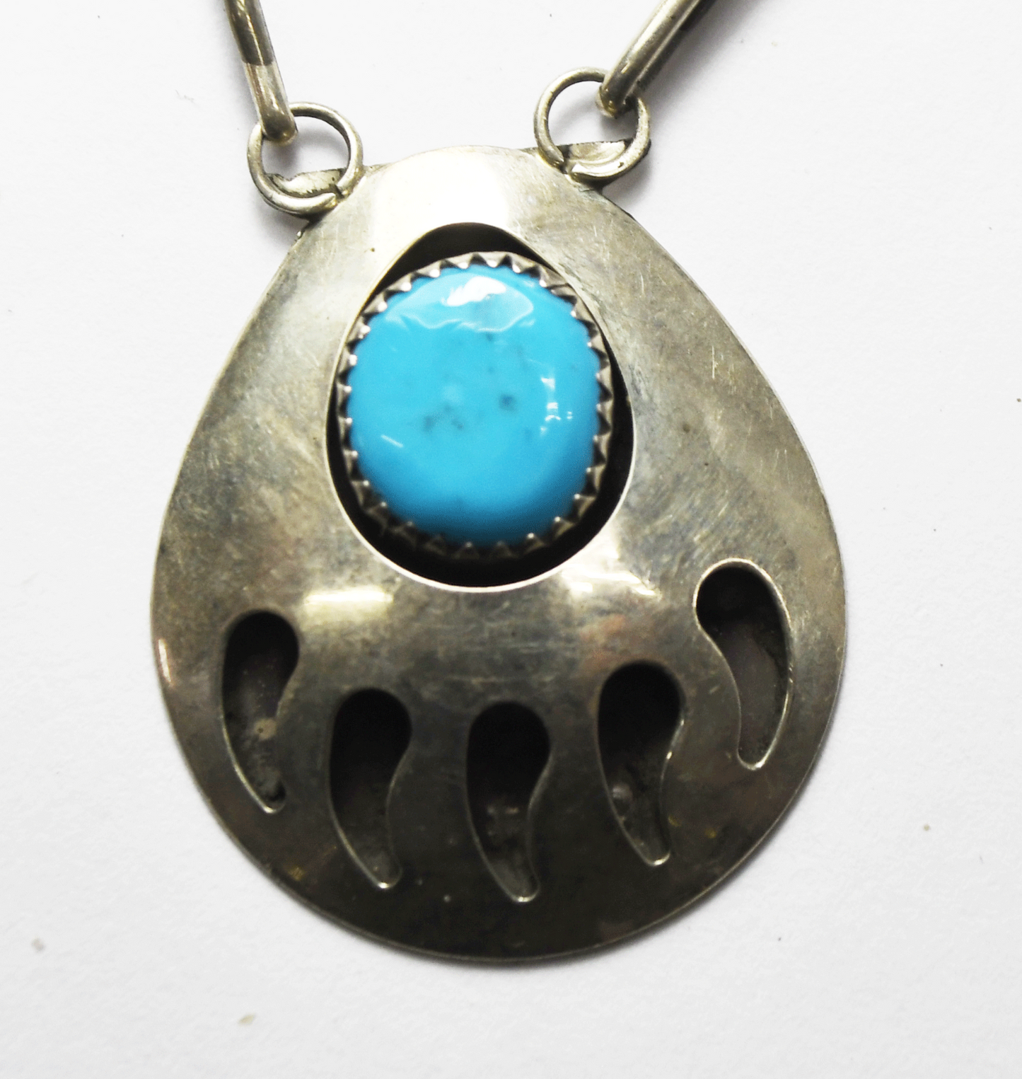 Sterling SJ Turquoise Bear Claw Shadow Box 32mm Necklace 19"