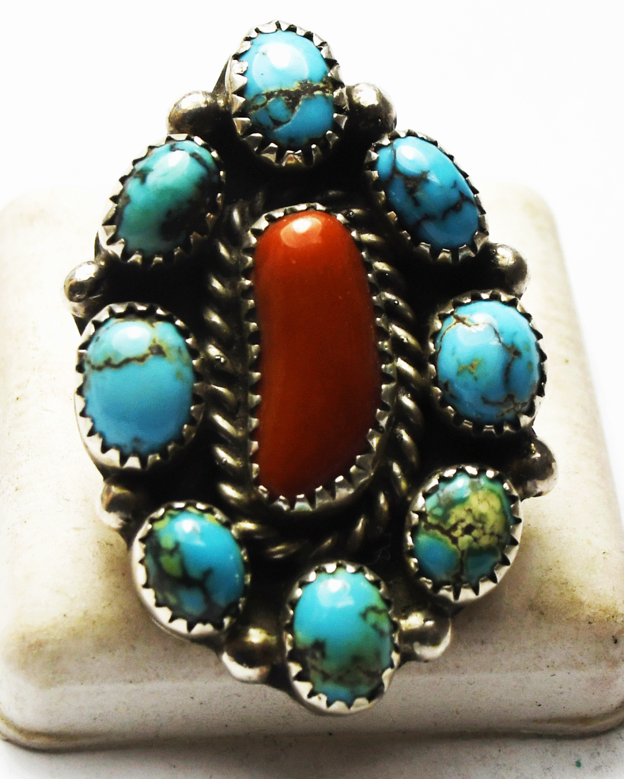 Sterling Mike Davis Coral Turquoise Halo Cluster Ring 38mm Size 7