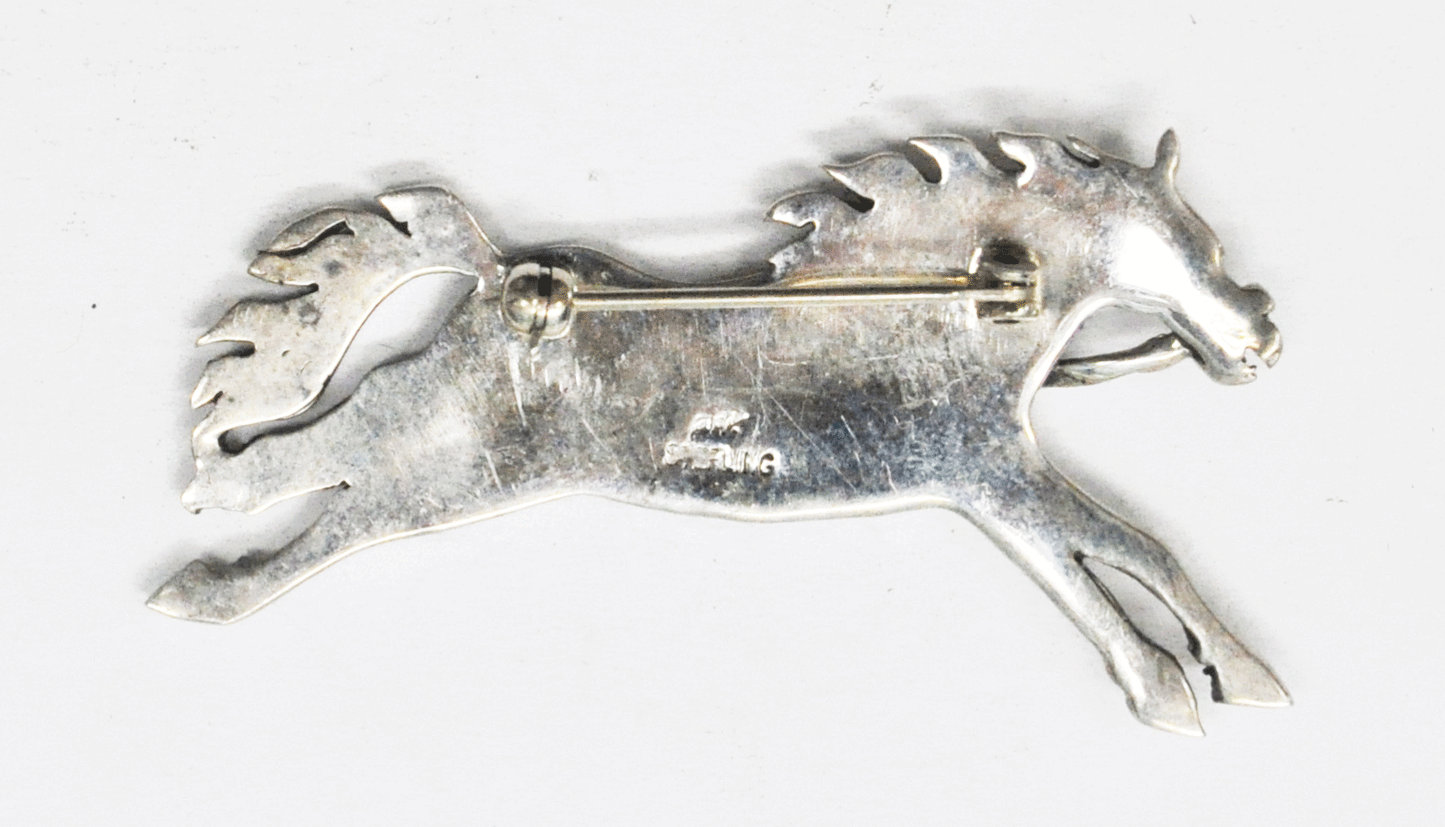 Sterling Silver Running Horse Long Reins Brooch Pin 55mmx 30mm
