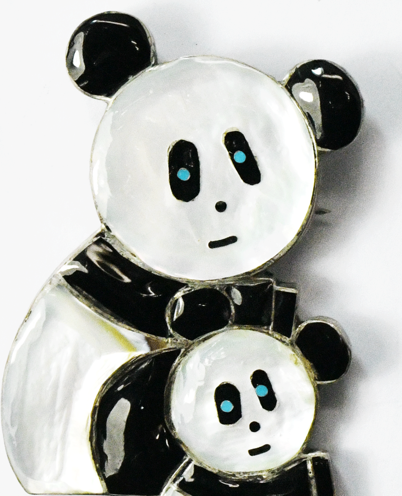 Sterling Silver RKL Panda & Cub Onyx Turquoise MOP Inlay Pendant Brooch 73x46mm