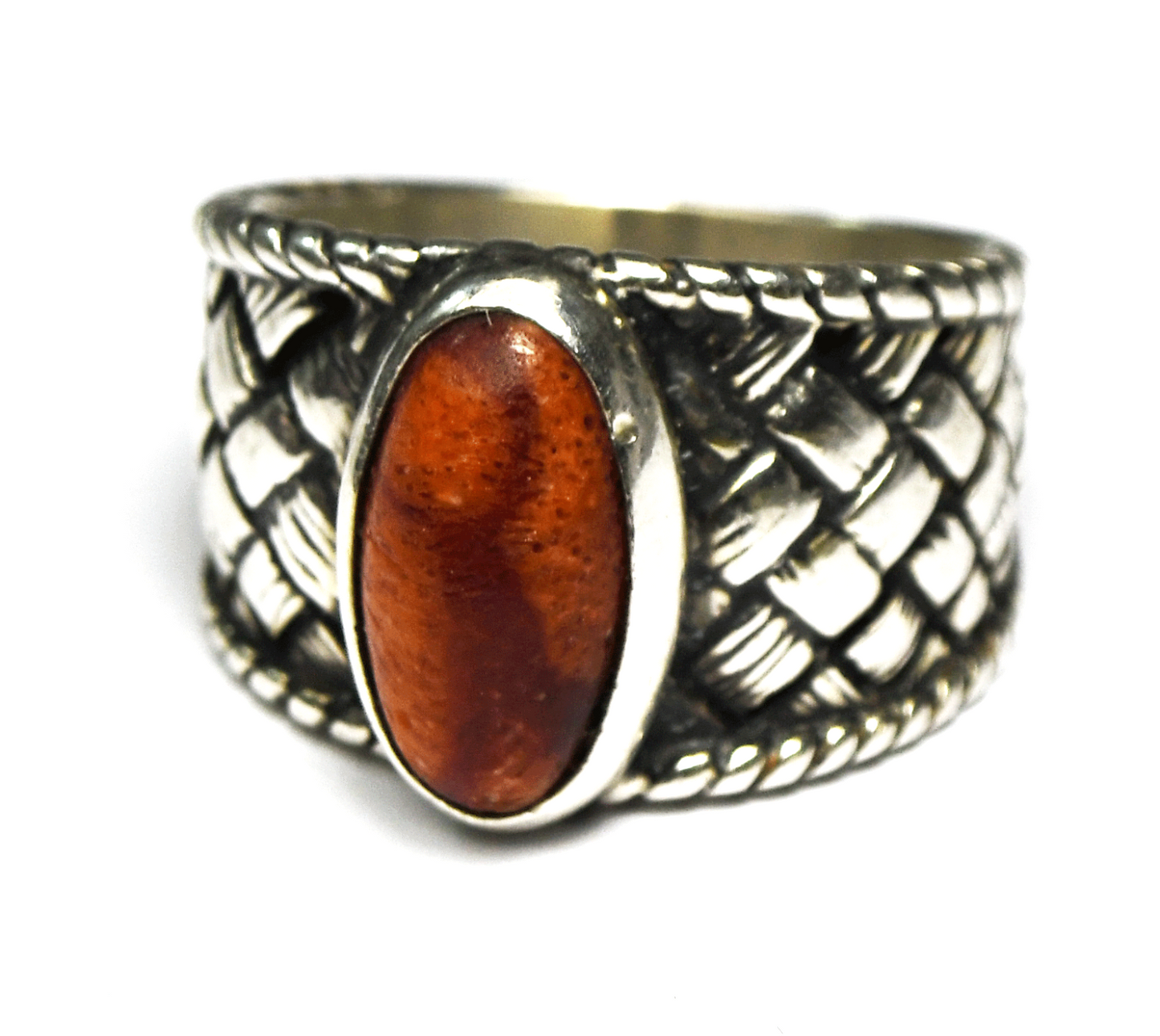 Sterling Silver Shubes Oval Coral Basket Weave Ring 15mm Size 9