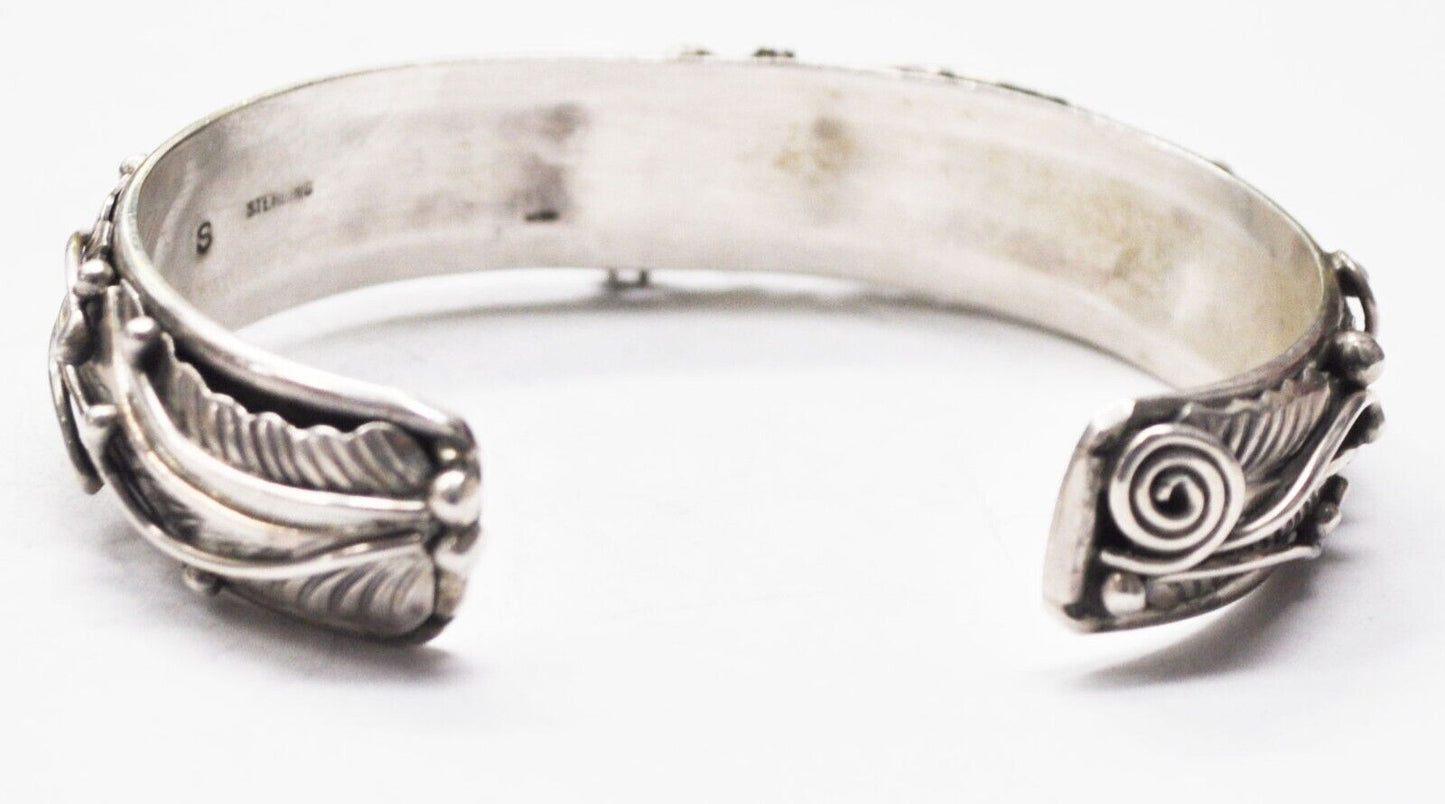 Sterling Silver Four Turquoise Floral 16mm Cuff Bracelet Signed S 7" Wrist