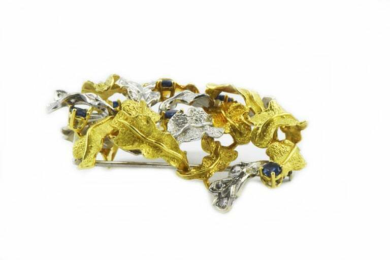 Vintage Two-Tone 18 Karat Gold Sapphire and Diamond Leaf Pendant Brooch 21 Gram