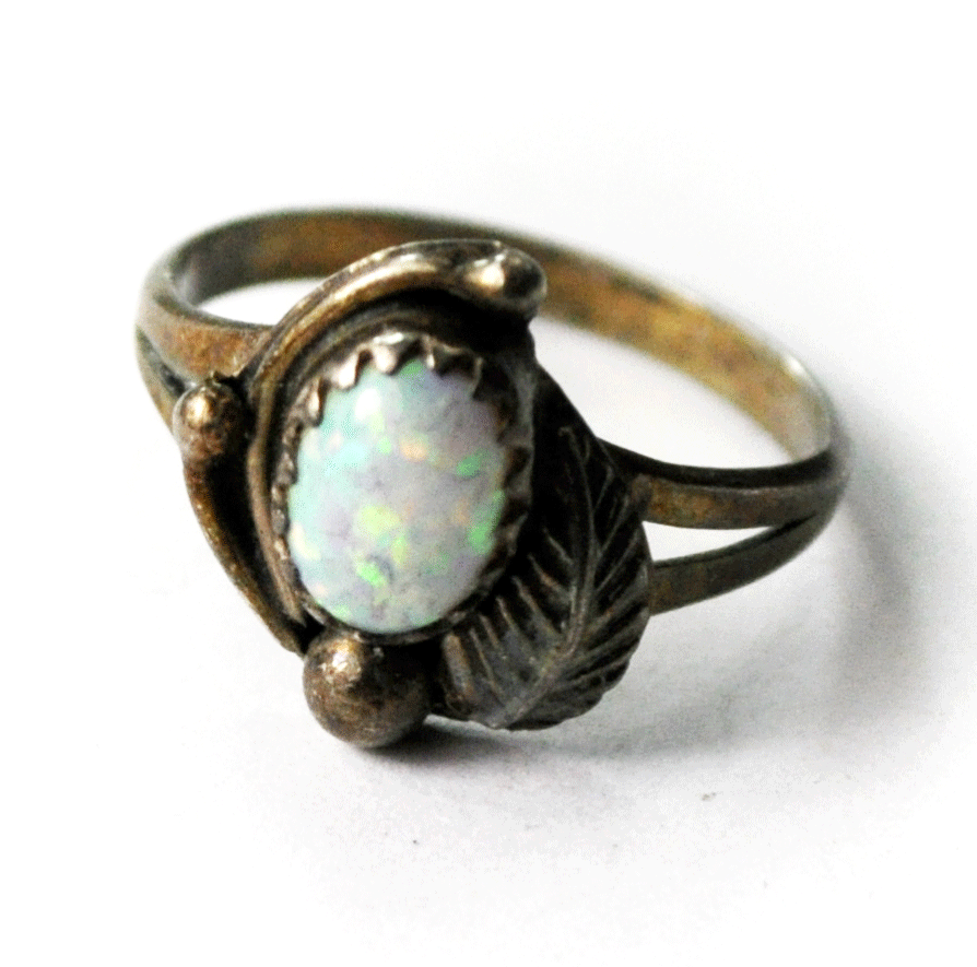 Vintage Sterling Silver Opal Floral Split Band Ring 12mm Size 4-3/4