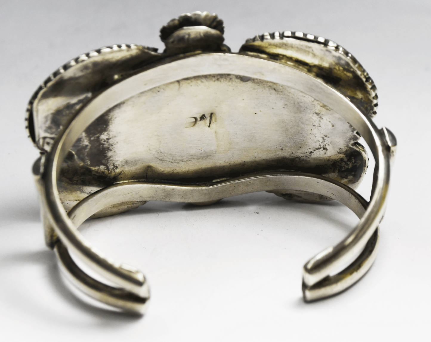 Sterling Signed DM Green Turquoise Floral Shadow Box Cuff Bracelet 57mm 7" Wrist