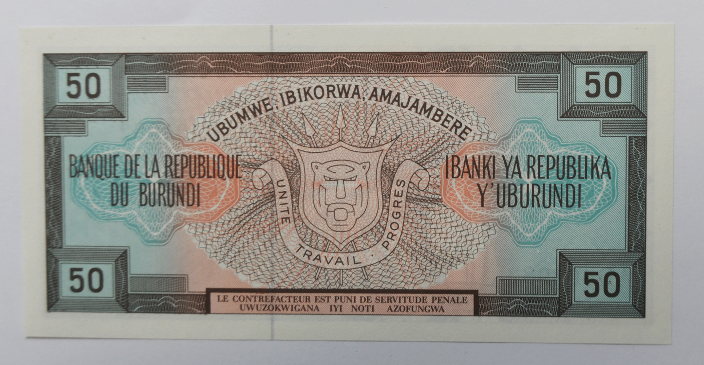 1977 Burundi 50 Francs Uncirculated Banknote AD401982