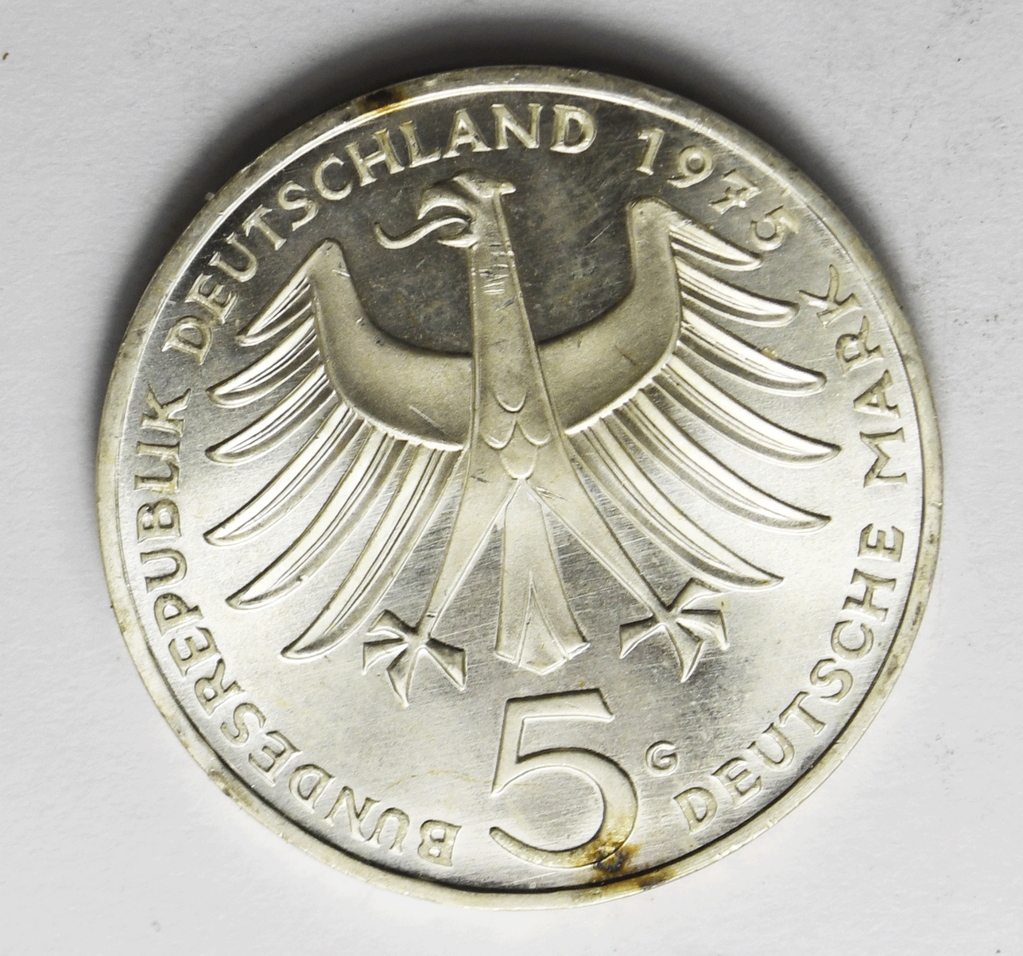 1975 J Germany Federal Republic 5 Five Mark Silver Coin KM#143 Albert Schweitzer