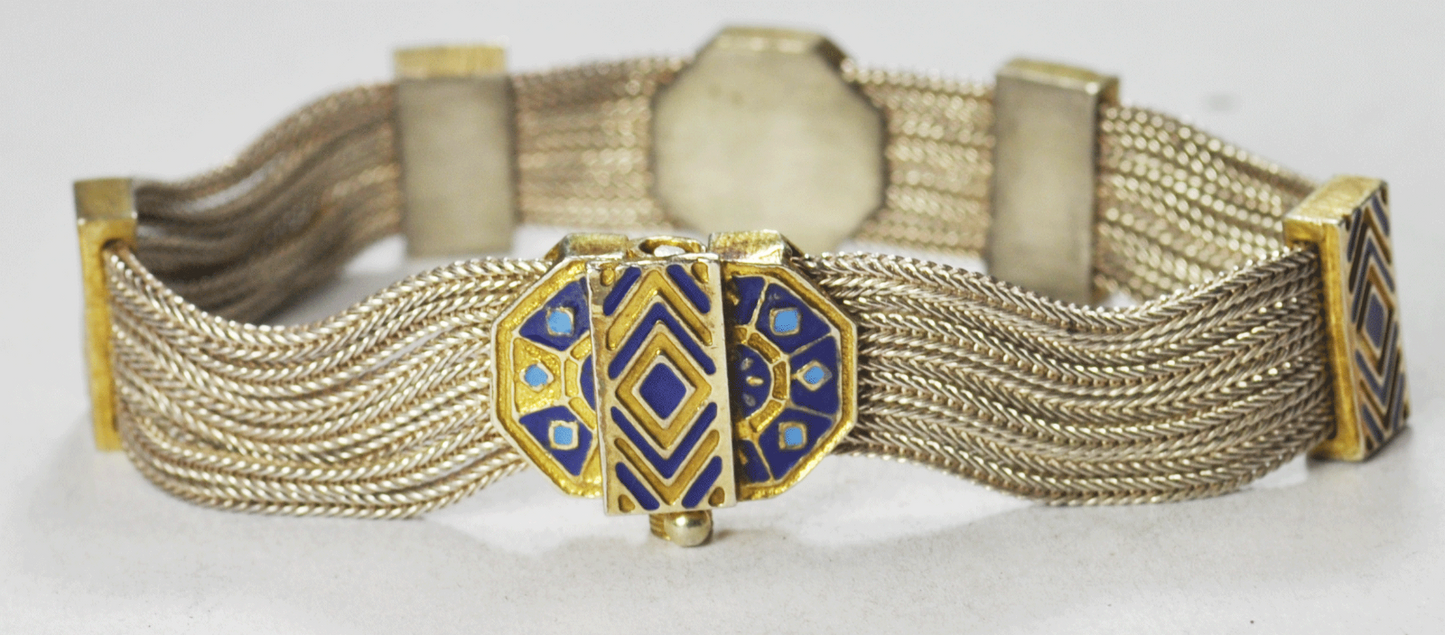 Sterling Silver India Blue Enamel 2-Tone 7 Strand Bracelet 14mm 7-1/4"