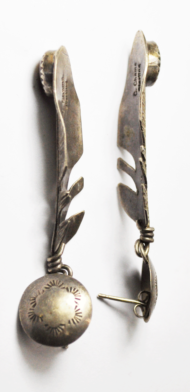 Sterling Silver C Chama Oval Tiger Eye Feather Dangle Etch Earrings 14mm 2-1/4"