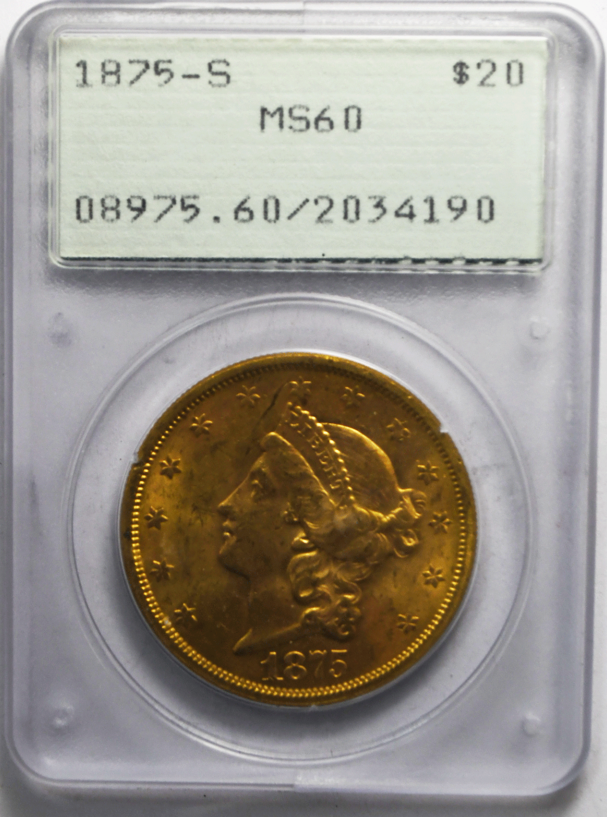 1875 S $20 Liberty Head Double Eagle PCGS MS60 Uncirculated OGH Rattler
