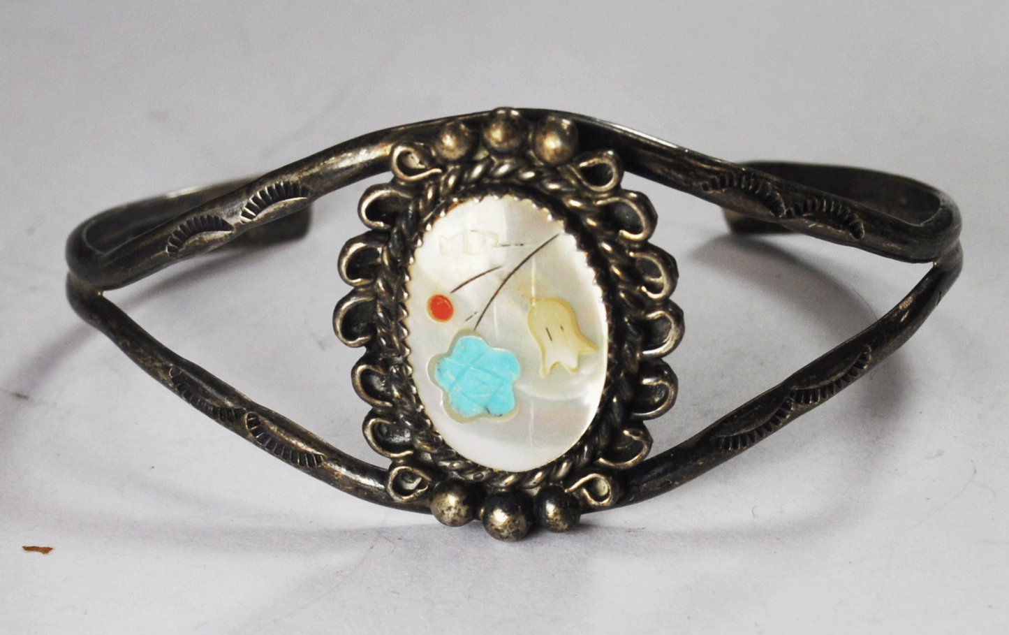 Sterling Silver Oval MOP Blue Flower Inlay Cuff Bracelet 28mm 5.5"