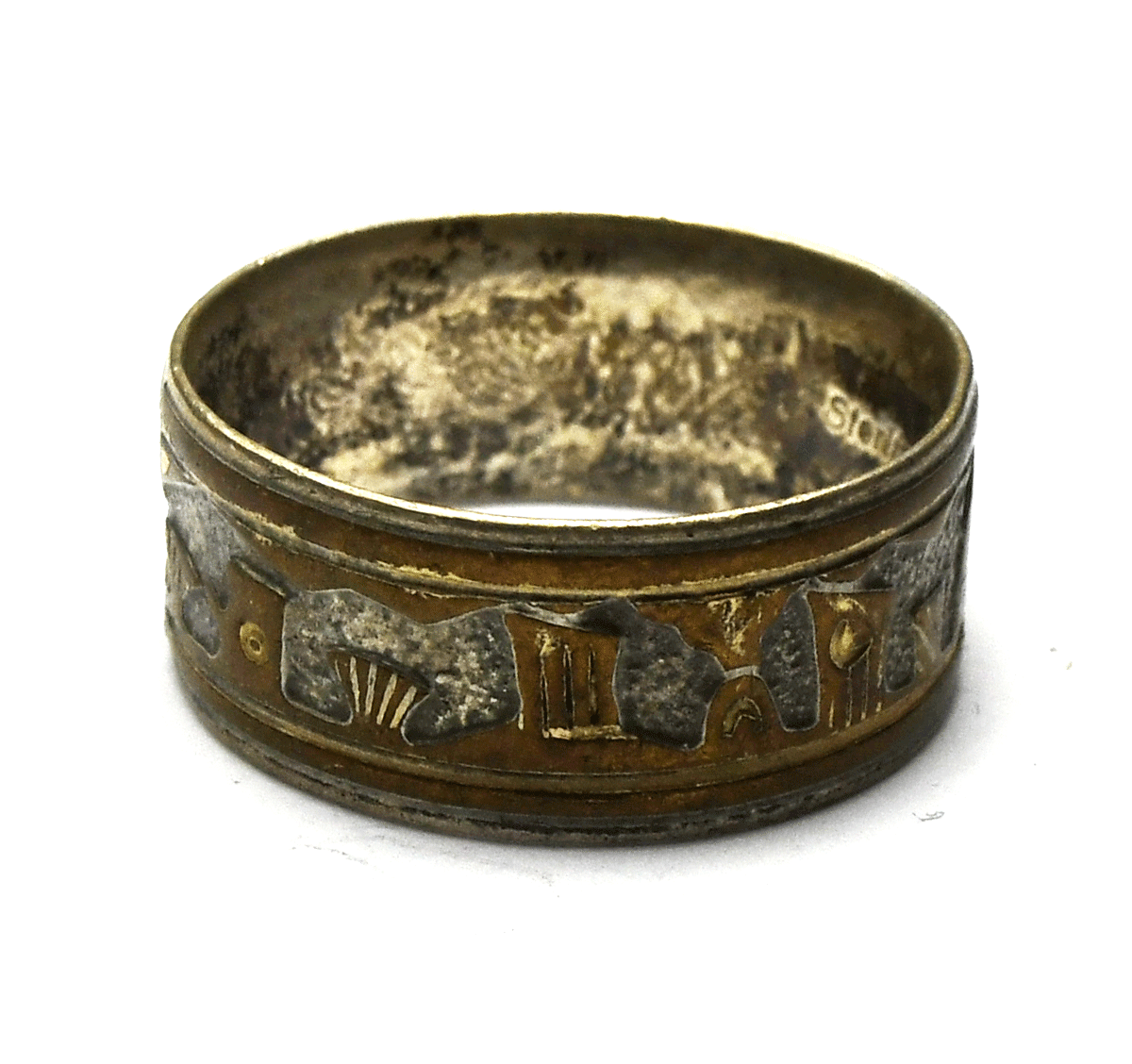 Sterling Silver Signed OP Gold Filled Story Teller Ring 10mm Band Size 12