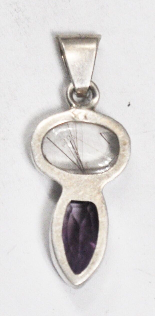 Sterling Silver Rutilated Quartz Amethyst Pendant 47mm x 19mm
