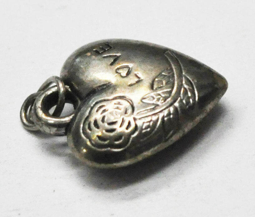 Sllver Plated Love Flower Large Puffy Heart Charm 20mm x 19mm