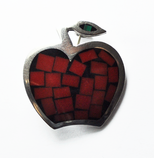 Sterling Silver Mexico Red Apple Enamel Brooch Pin Green Leaf 1-1/4"