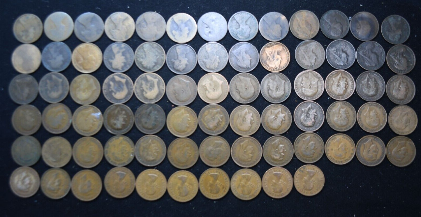 Set of 75 Great Britain Penny Large Cent Bronze Coins 1860-1967 No Duplicates