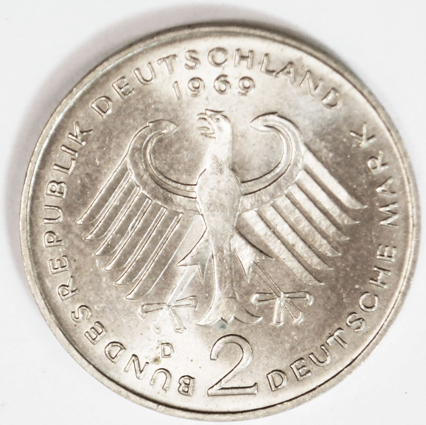 1969 D Germany Federal Republic 2 Mark Copper Nickel Coin KM#124 Konrad Adenauer