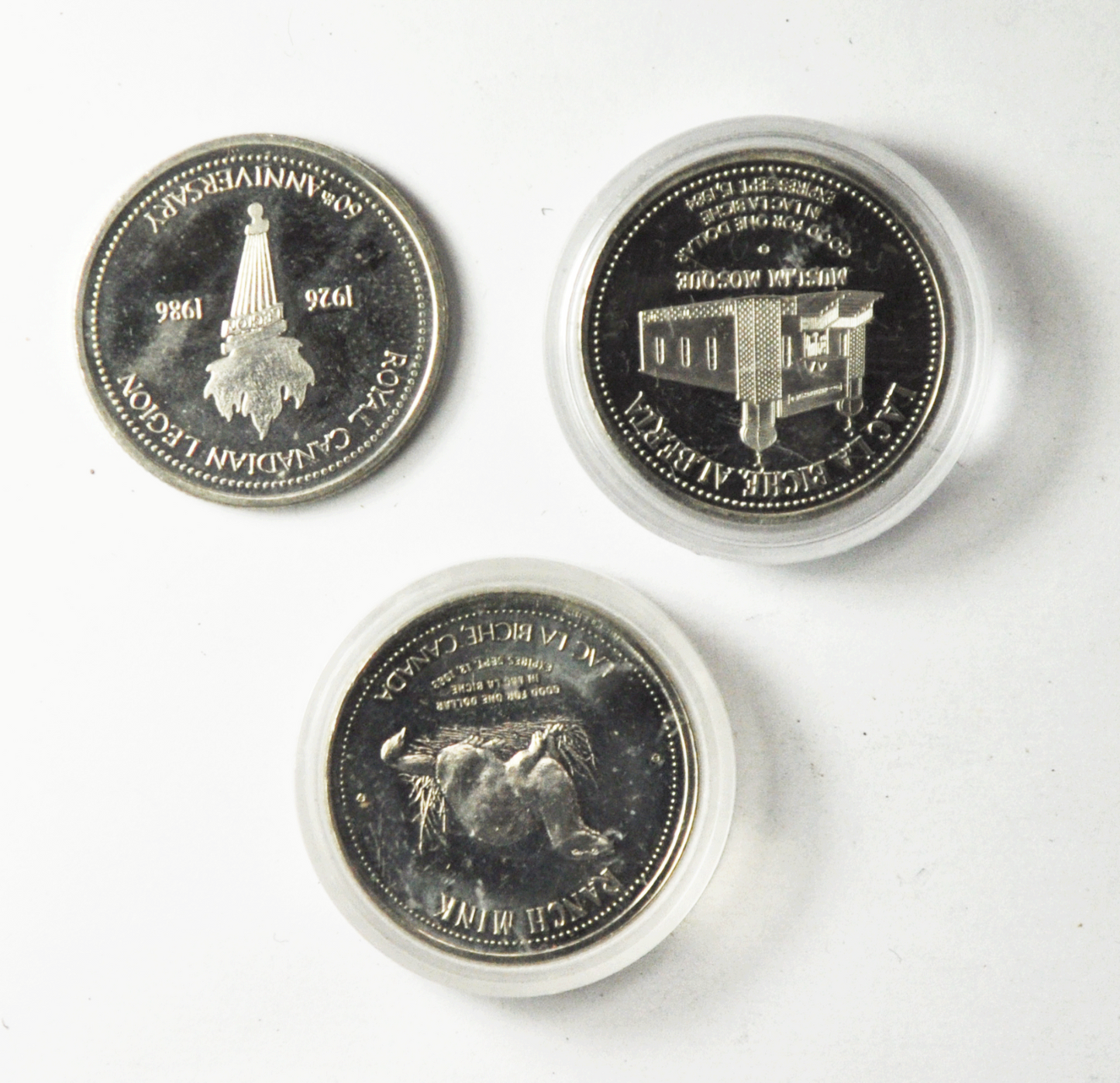 1983 84 & 86 $1`Canada Trade Dollars 34mm Lac La Biche Pow Wow Days