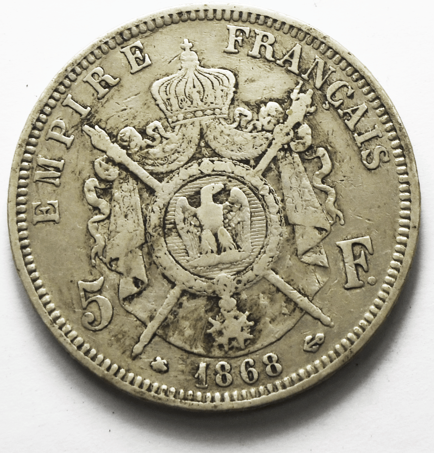 1868 A France 5 Five Francs Silver Coin KM# 799.1