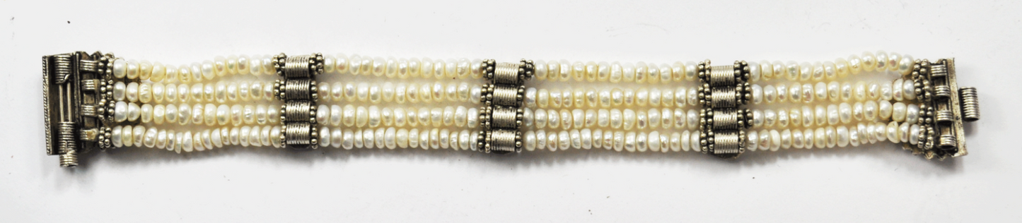 Silver Plated Floral Sunflower Fresh Water Pearl 4 Strand Bracelet 7"