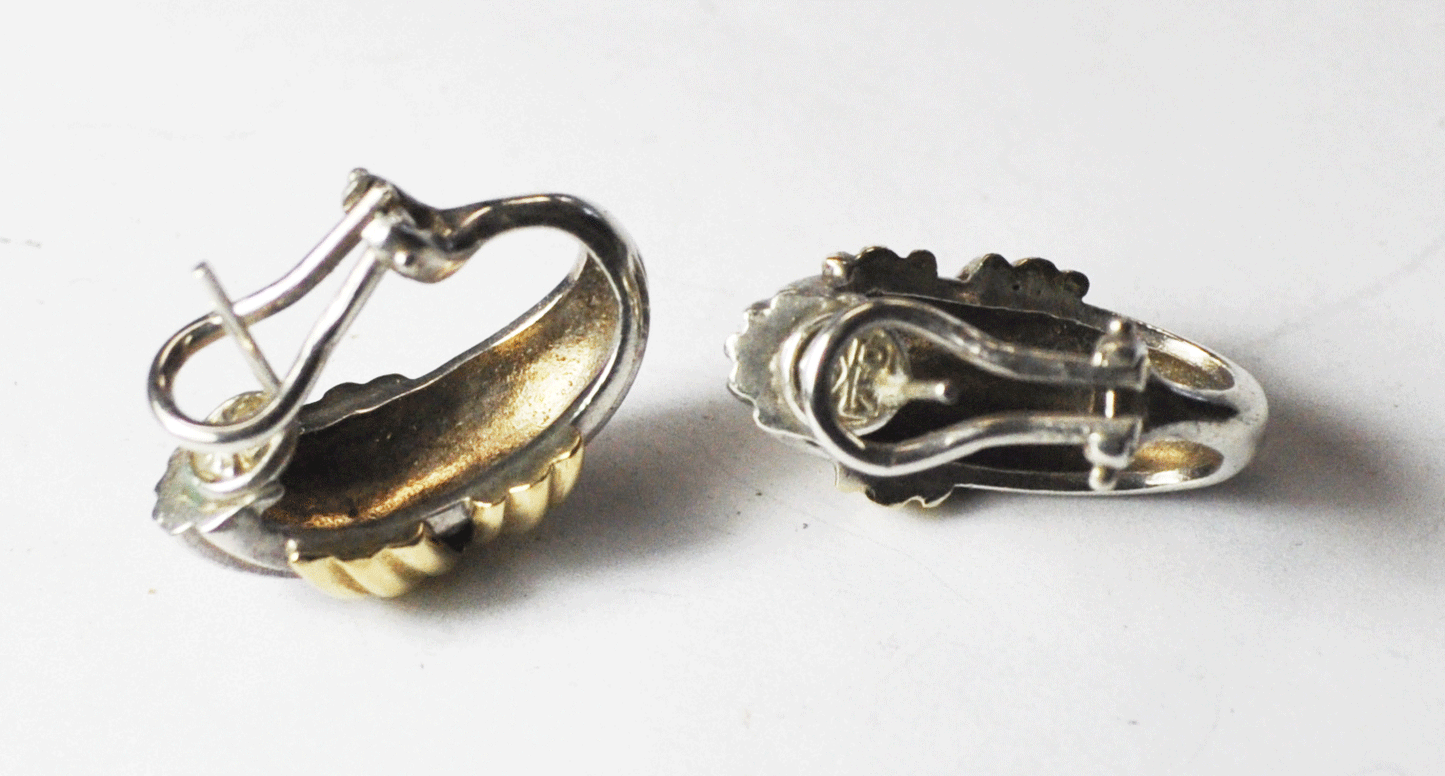 Sterling Silver Designer 18k Stripe Hoop Omega Earrings 13mm x 27mm