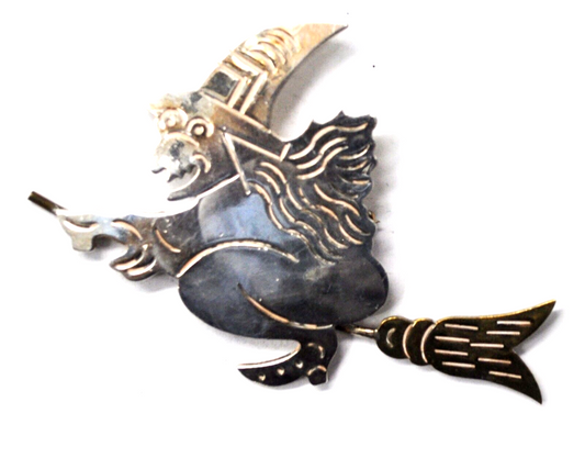 Sterling Silver Mexico TM-111 Witch Halloween 2 Tone Brooch Pin 74mm x 55mm