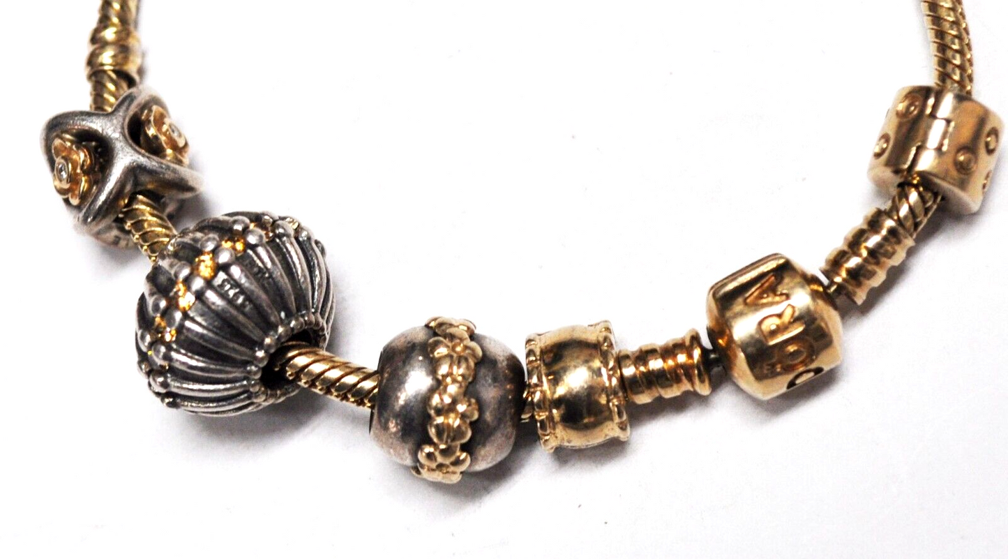 14k Pandora Bead Bracelet 2 Gold & 2 Silver Charms 7-1/4" CZ Flower
