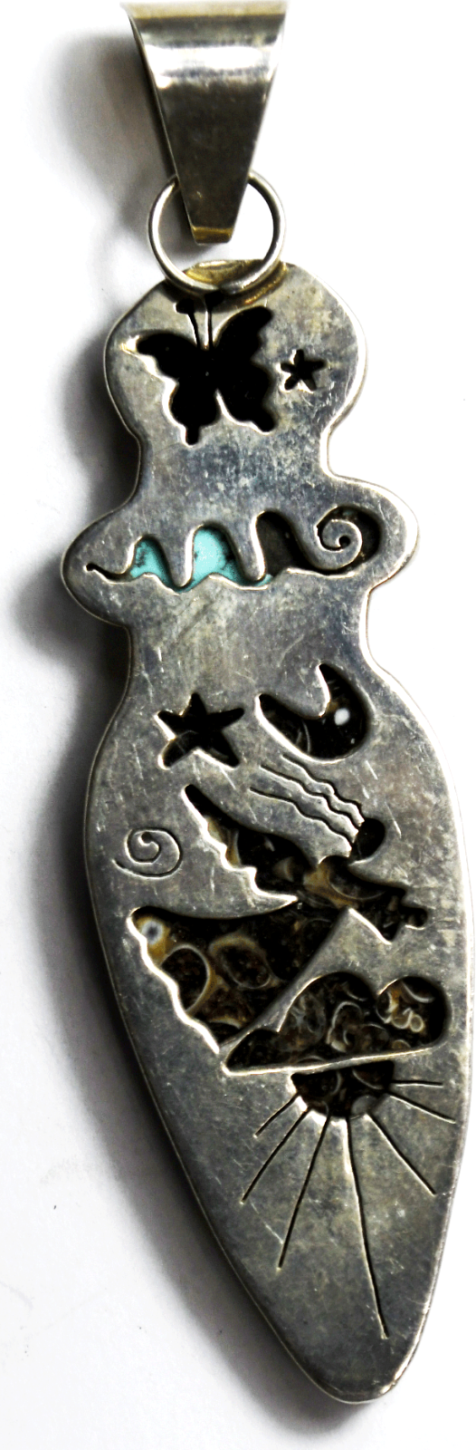 Sterling Turritella Turquoise Onyx Large Pendant 90mm x 23mm Cutout Reversible