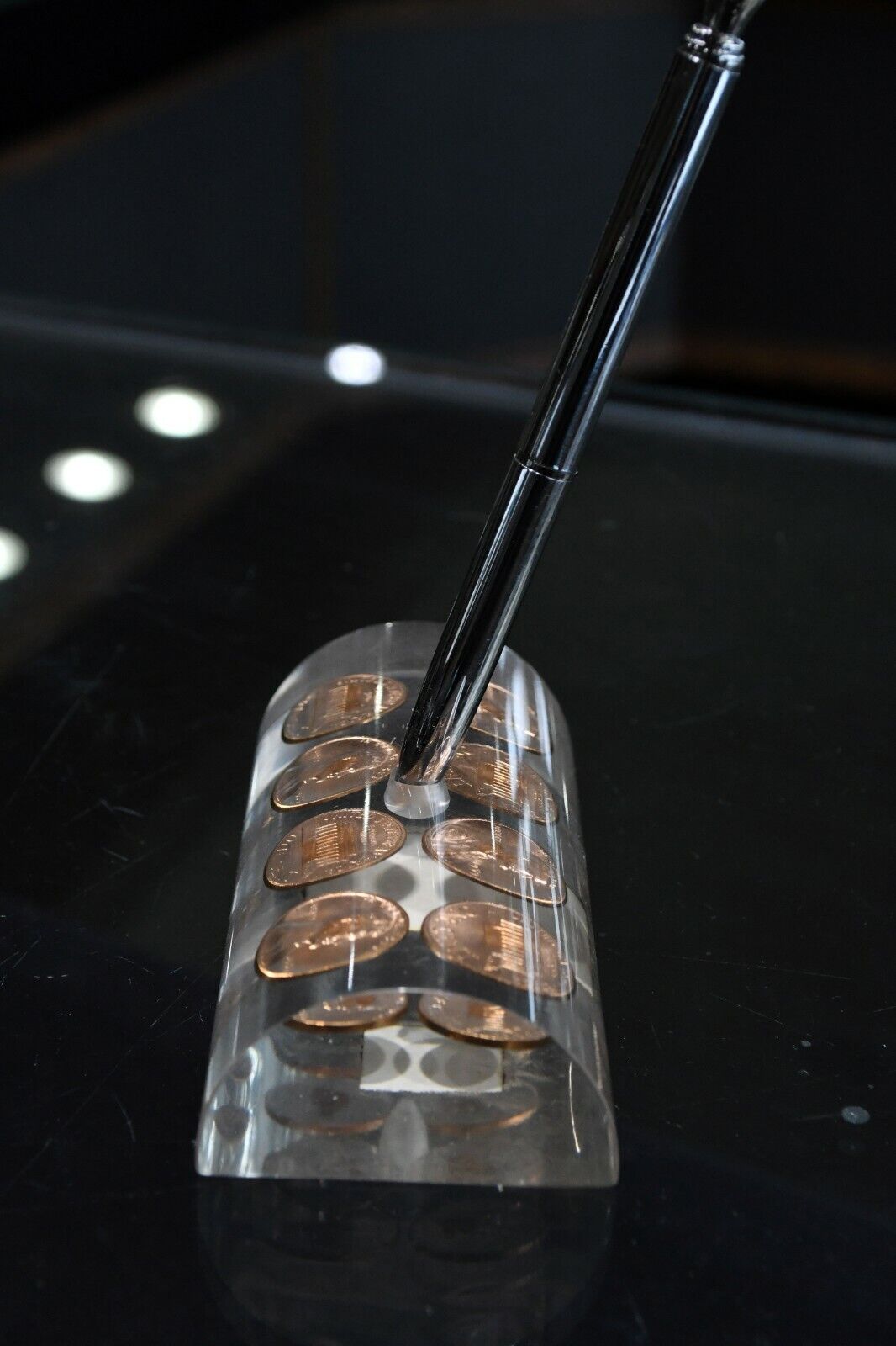 Vintage 1959 Desktop Penny Paperweight Pen Holder in Acrylic 4 1/2"