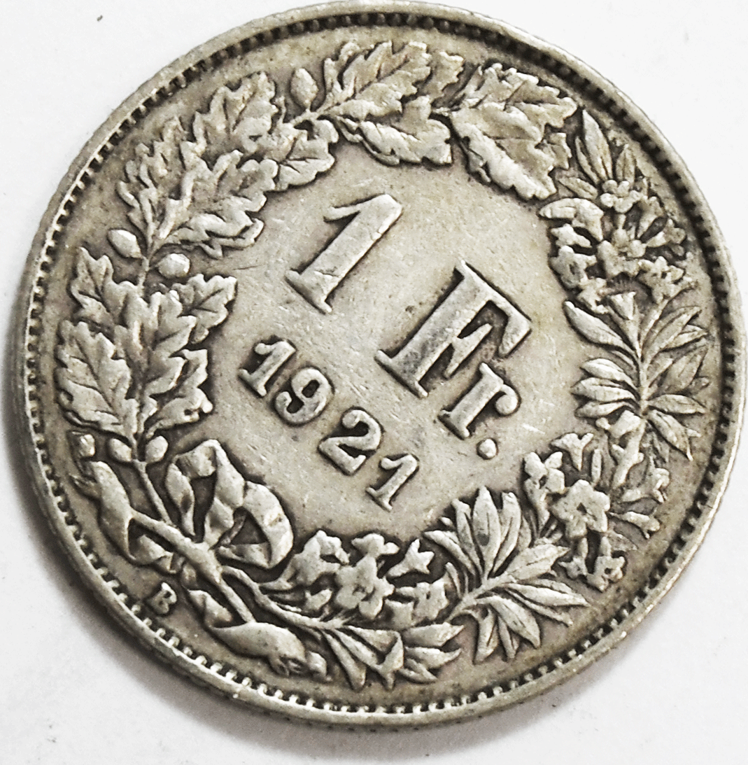 1921 B Switzerland One Franc Silver Coin KM# 24