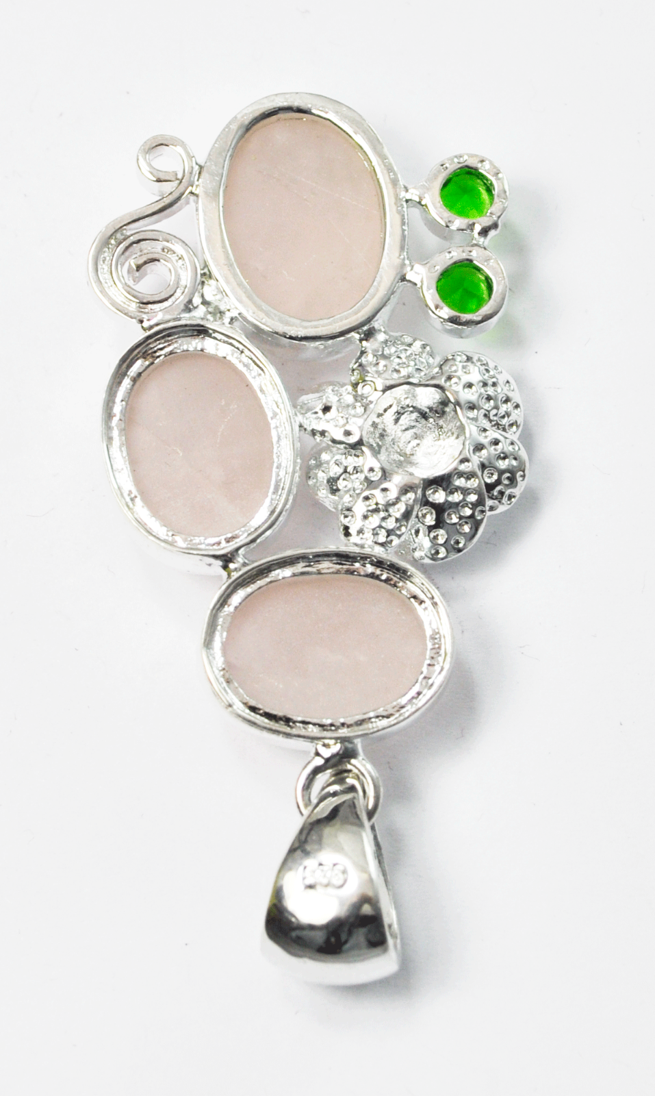 Sterling Silver Pink Quartz Red Rose Green Quartz Swirl Cluster Pendant 2.5"