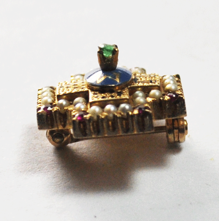Antique 14k Gold Emerald Sigma Pi Brooch Pin Charm Pendant Pearl Ruby 15mm